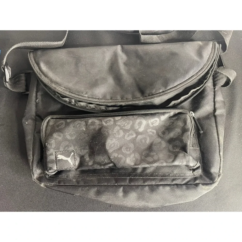 Puma Messenger Bag Black Canvas Leopard Print Accent Crossbody‎ Adjustable Strap